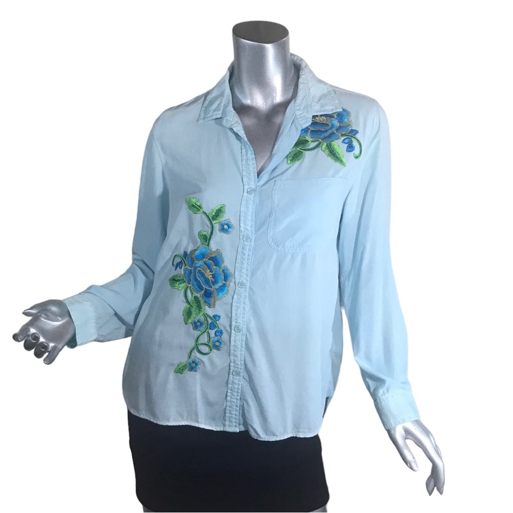 Velvet Heart Women’s Medium Blue Button Front Tunic Top Roll Tab Sleeves Upcycle